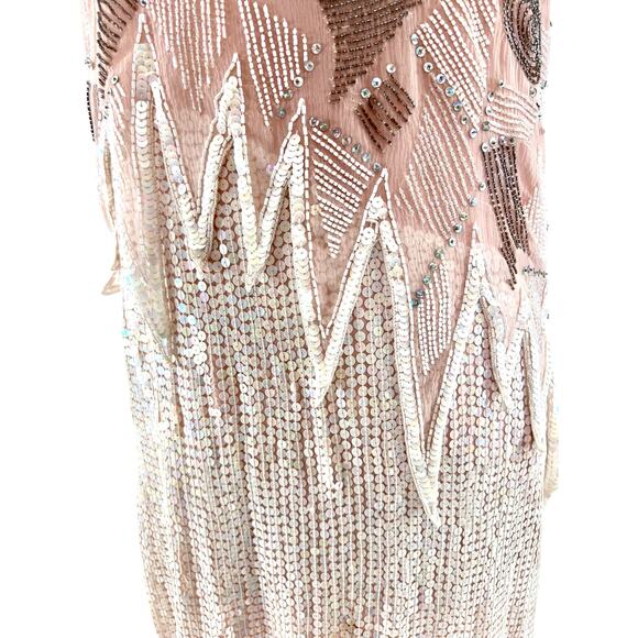 Vtg 80s Sequin Beaded Flapper 20s Art Deco Fringe Glam Gatsby Gown Dress Sz M - Picture 5 of 10